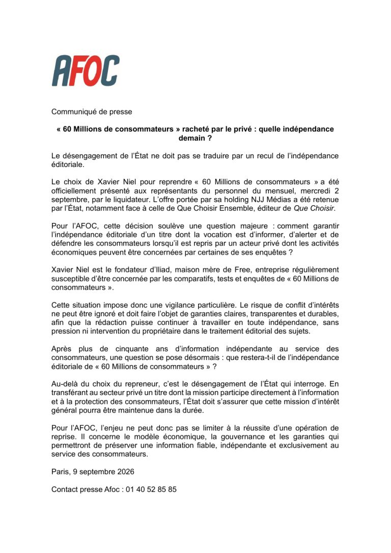 Première page du communiqué de presse AFOC sur le rachat de 60 Millions de consommateurs.